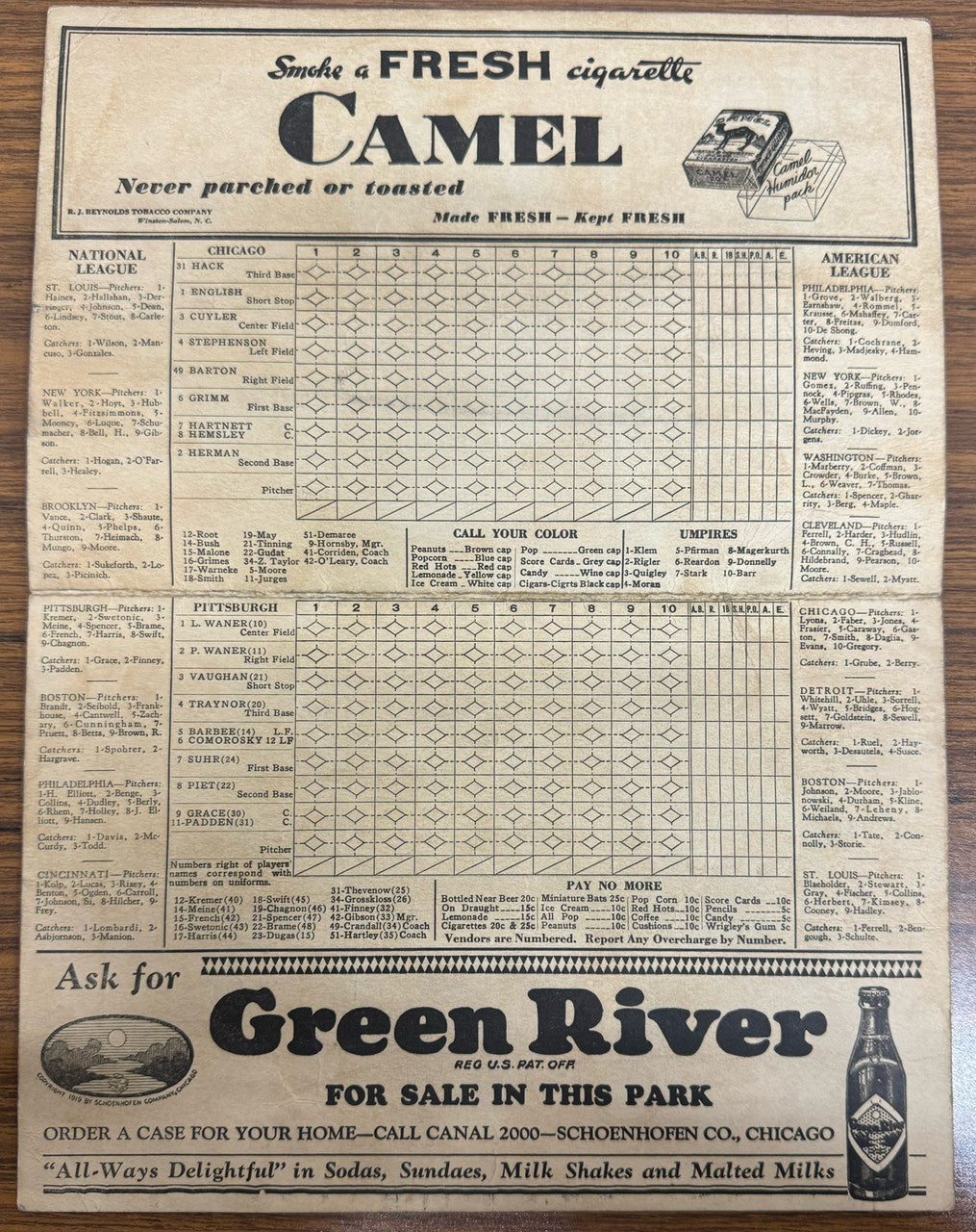 1932 Chicago Cubs vs Pittsburgh Pirates Scorecard Hartnett Traynor