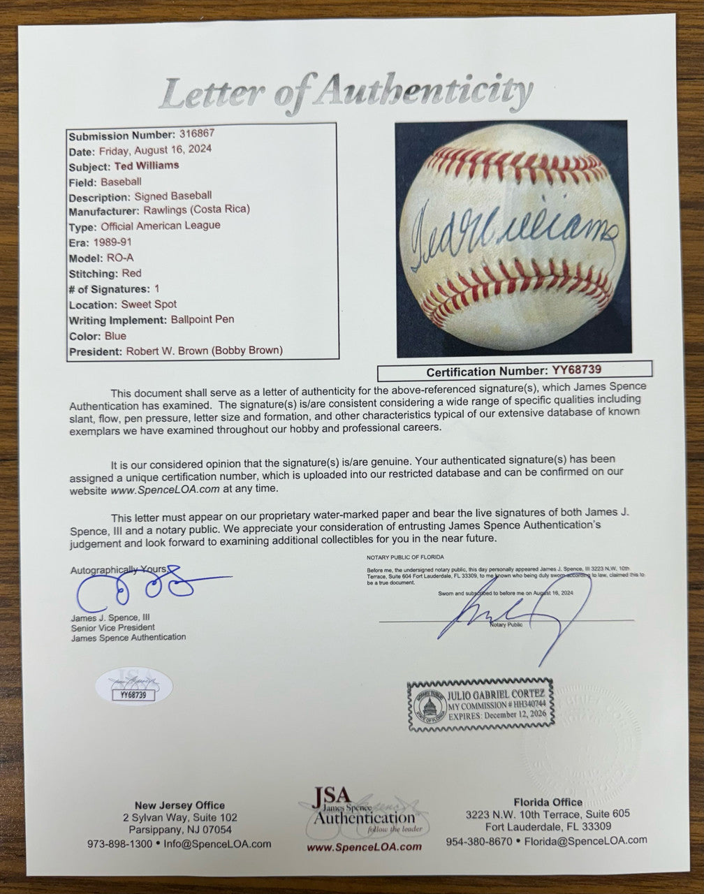Ted Williams Signed Autographed Rawlings OAL Baseball JSA *739
