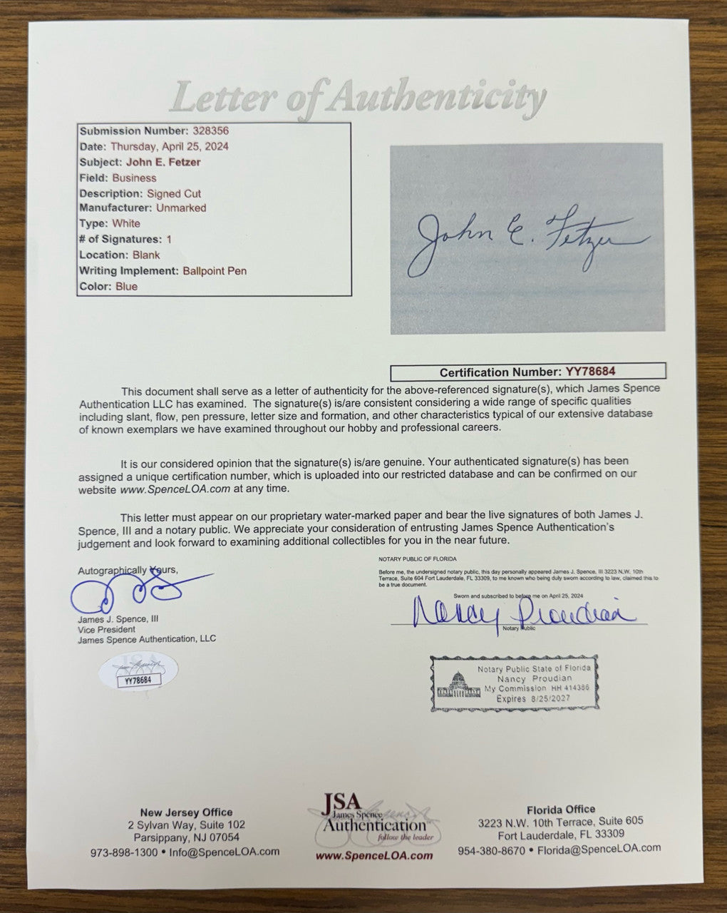 John E. Fetzer Autographed Index Card JSA + On a Handshake Book Signed by Tigers