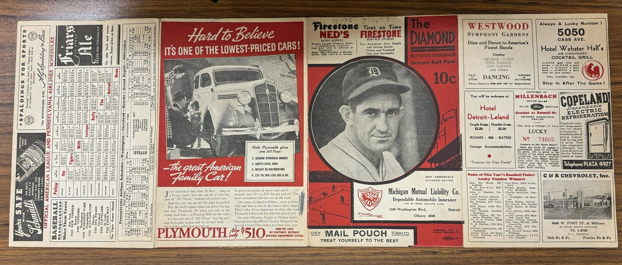 1935 Detroit Tigers vs New York Yankees Score Card Lou Gehrig w/ Ticket