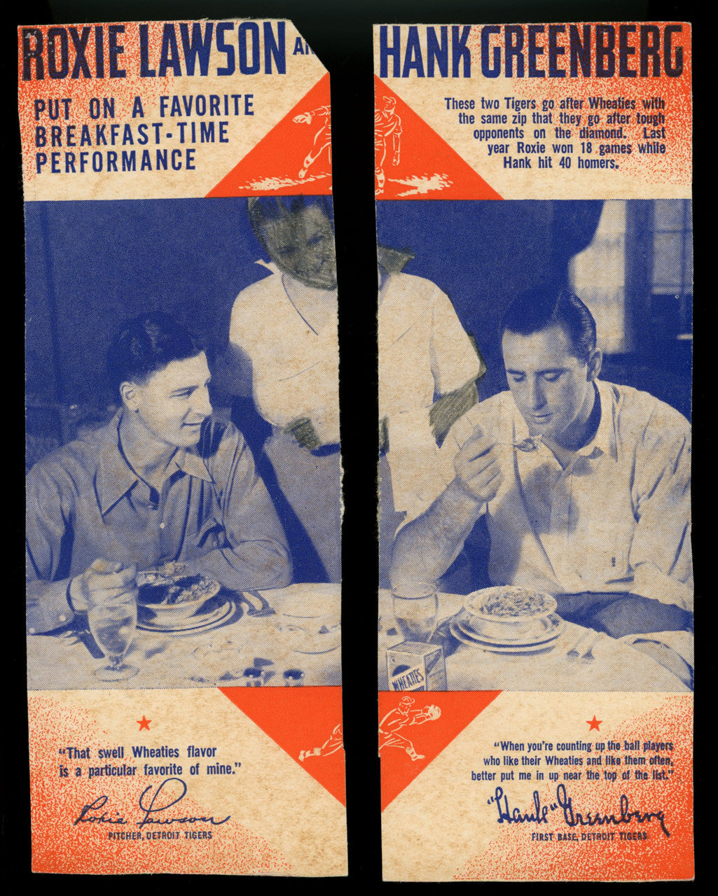 1938 Wheaties Series 11 Roxie Lawson Hank Greenberg Hand Cut Panel Low Grade