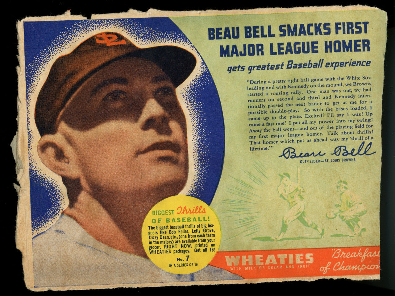 1938 Wheaties Series 10 Beau Bell Hand Cut Panel #7 Low Grade