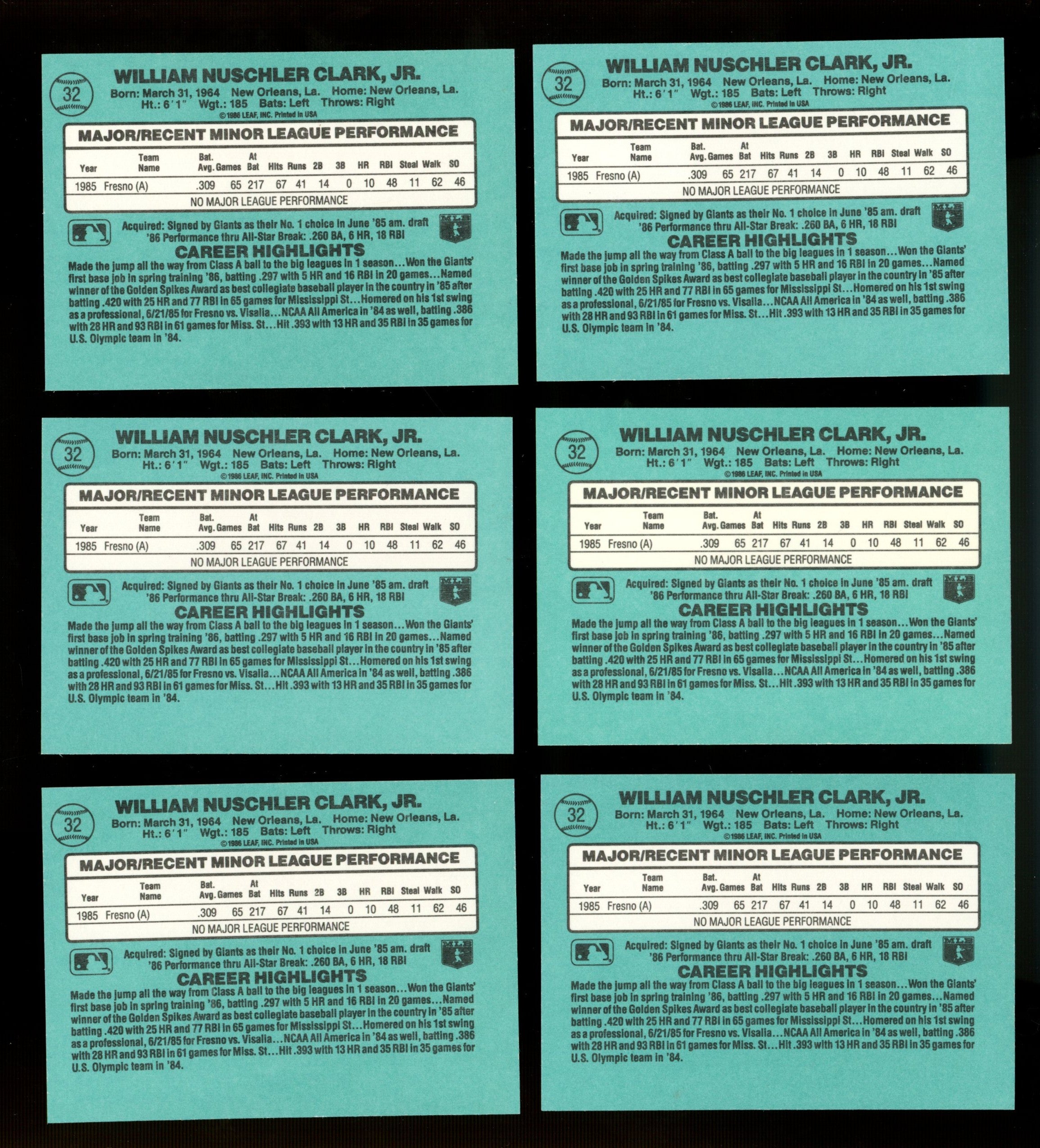 1986 Donruss Will Clark RC The Rookies #32 EX/MT (Lot Of 27)