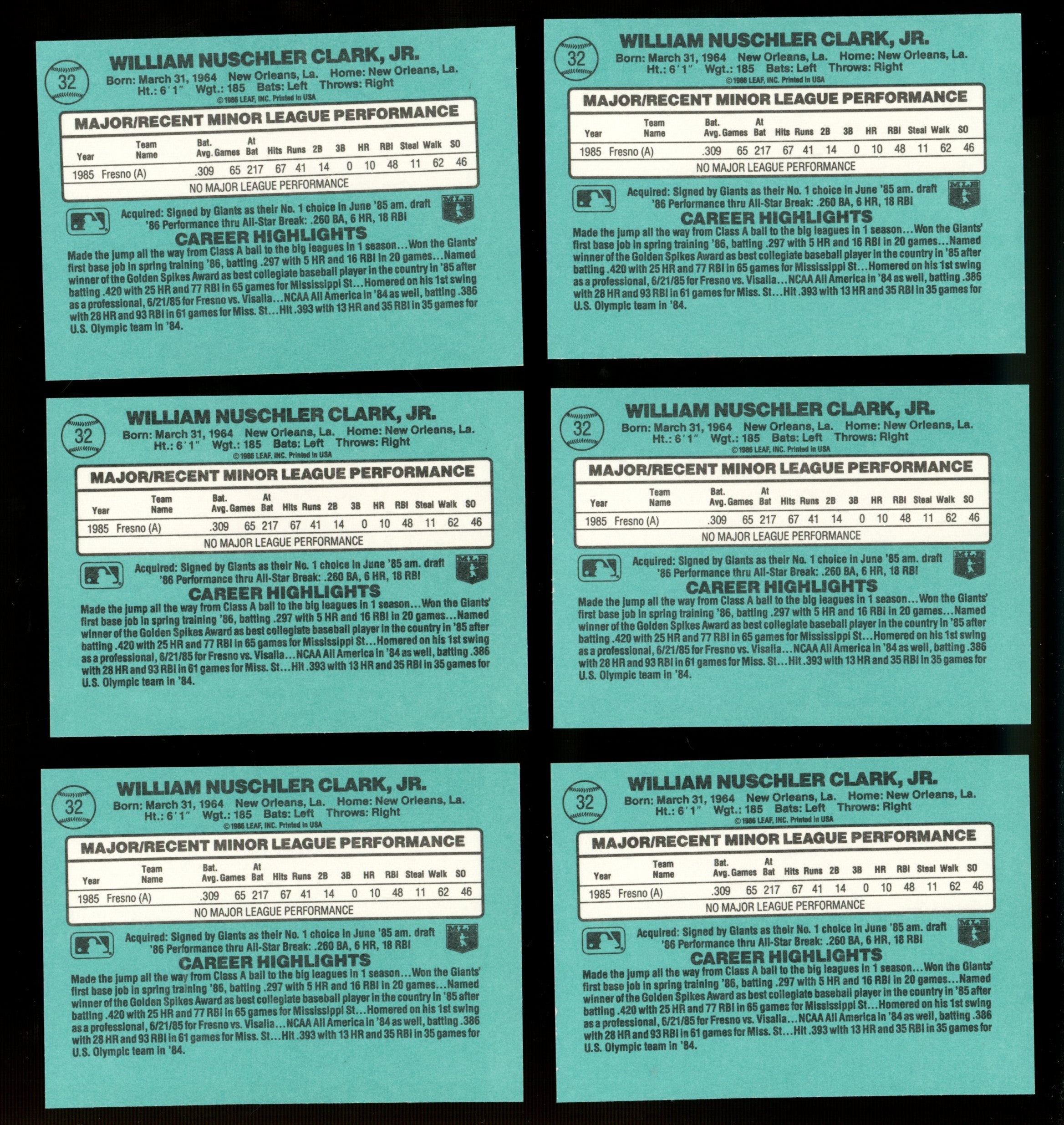 1986 Donruss Will Clark RC The Rookies #32 EX/MT (Lot Of 27)