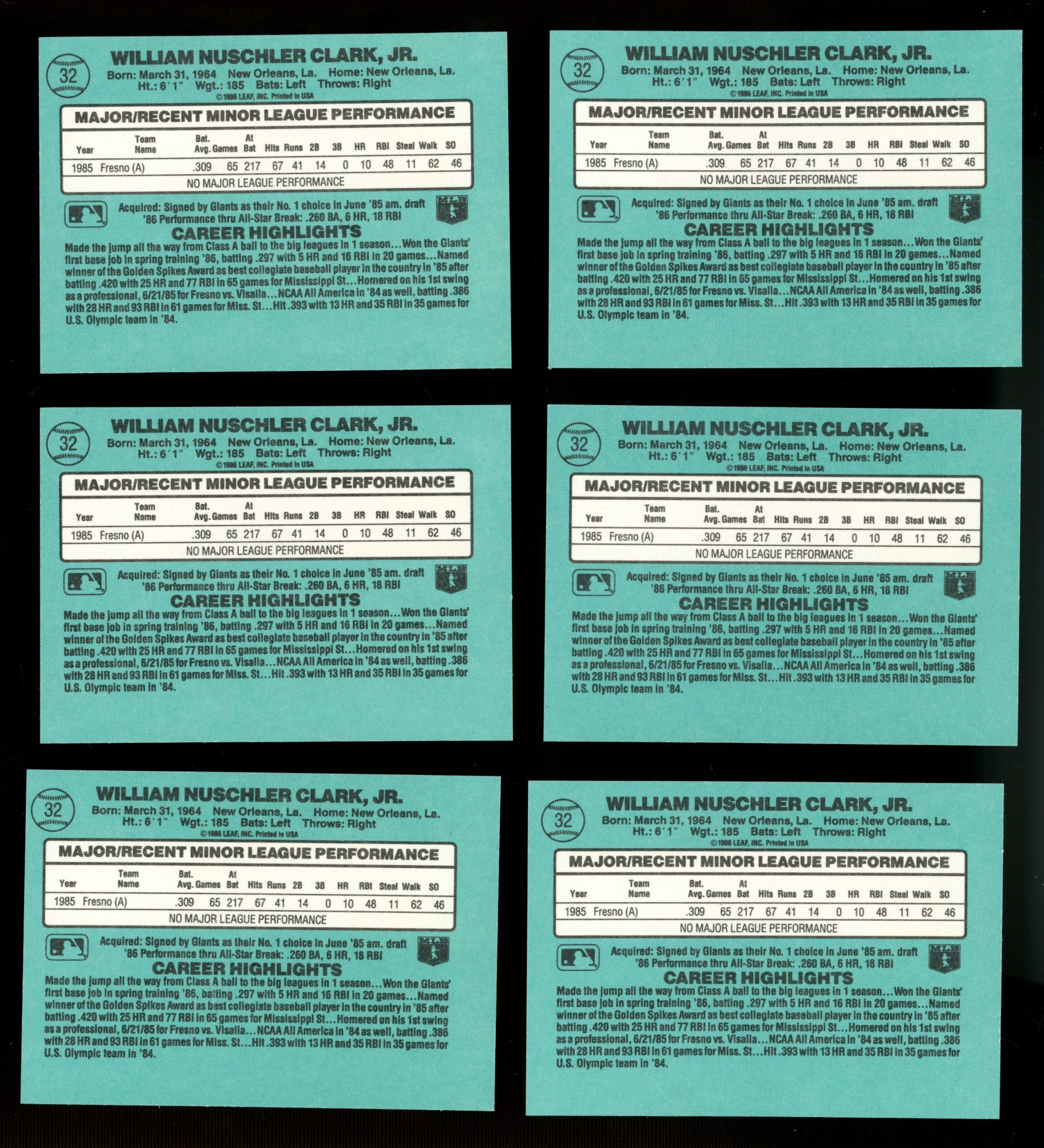 1986 Donruss Will Clark RC The Rookies #32 EX/MT (Lot Of 27)