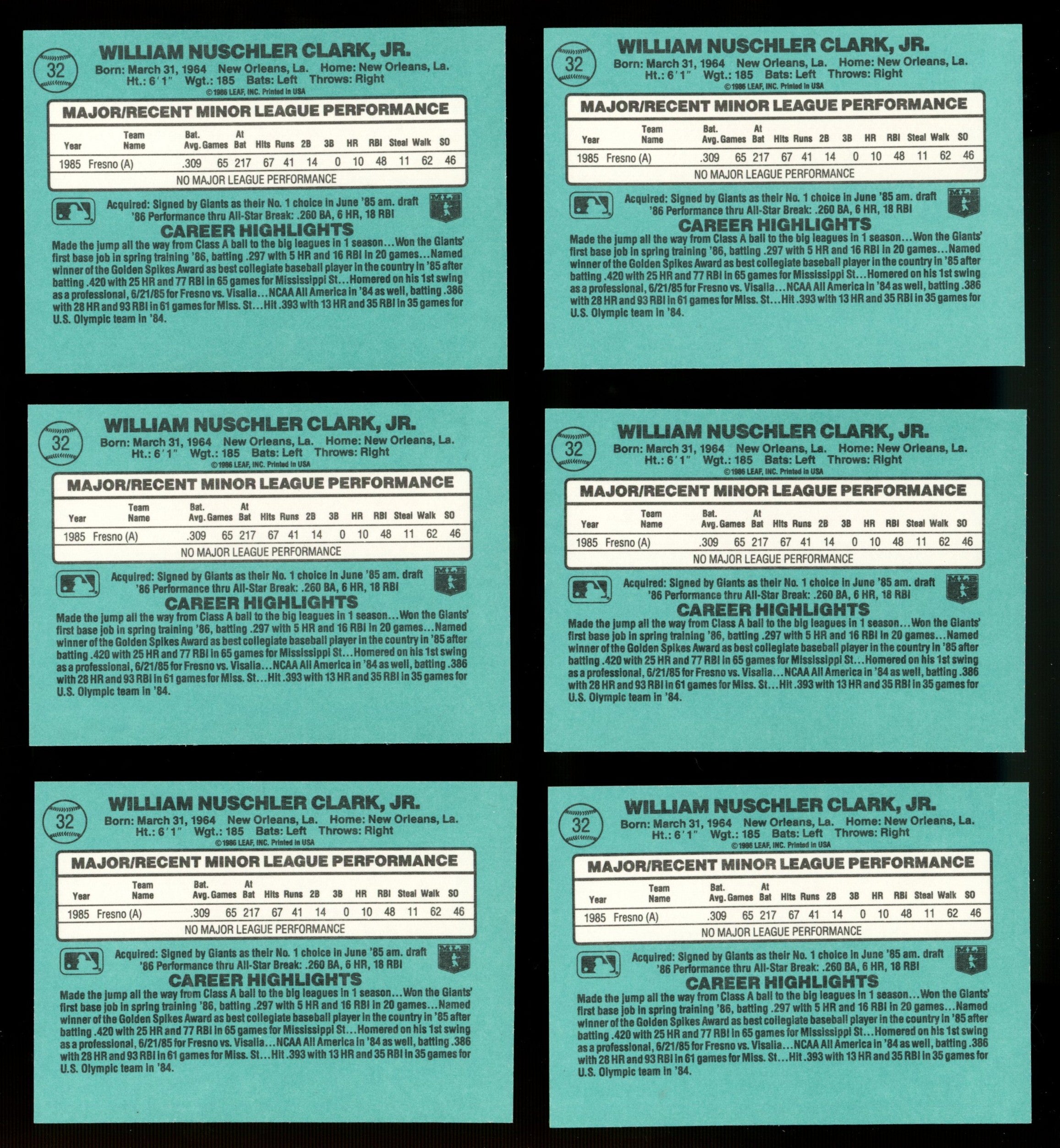 1986 Donruss Will Clark RC The Rookies #32 EX/MT (Lot Of 27)