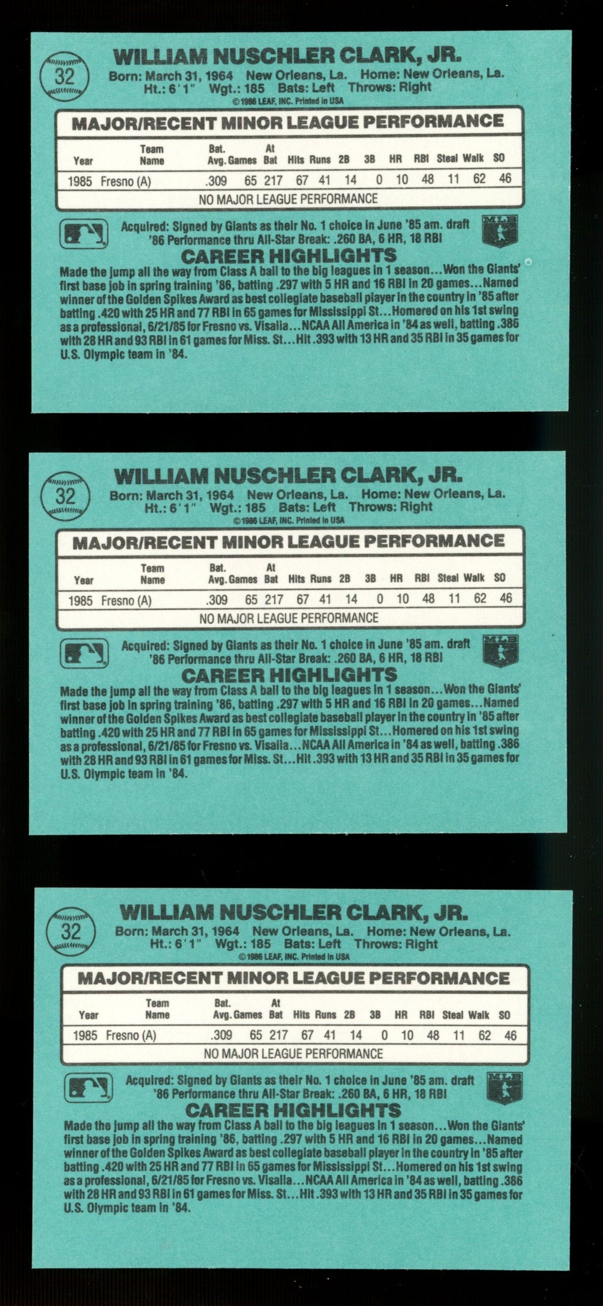 1986 Donruss Will Clark RC The Rookies #32 EX/MT (Lot Of 27)