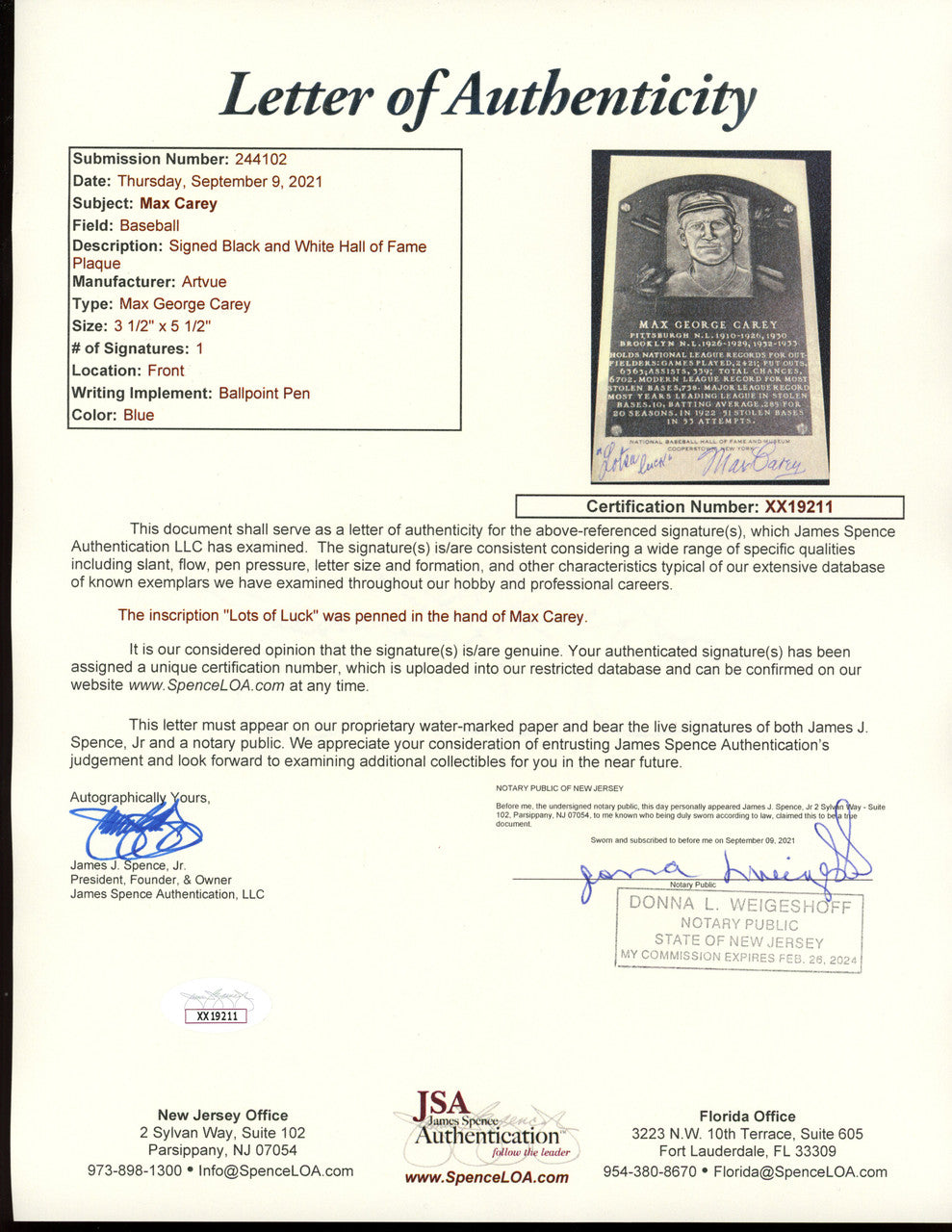Max Carey Signed Autographed Artvue Hall Of Fame Post Card JSA LOA