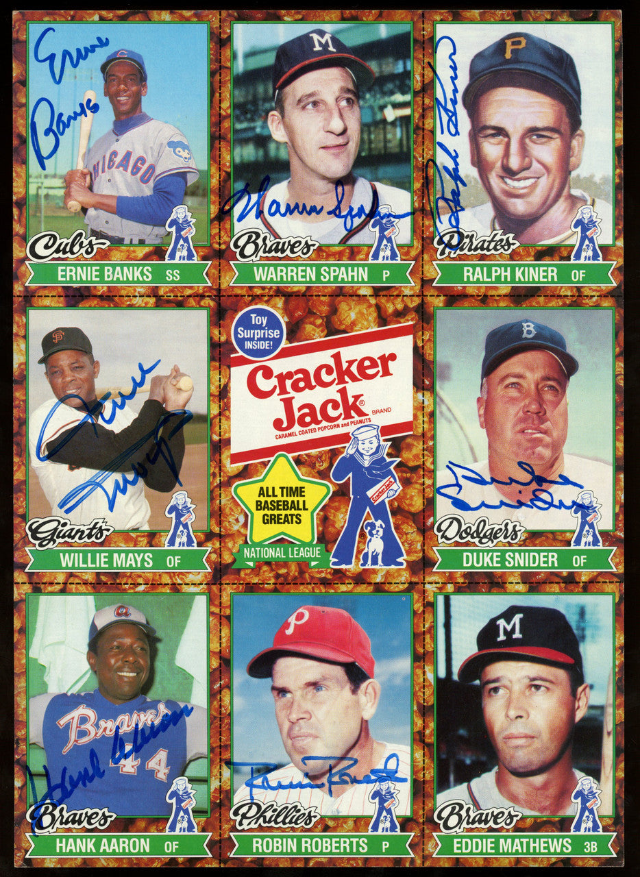 Mantle Mays Aaron Banks +++ Signed Autographed Cracker Jack Sheet Set of 2 JSA