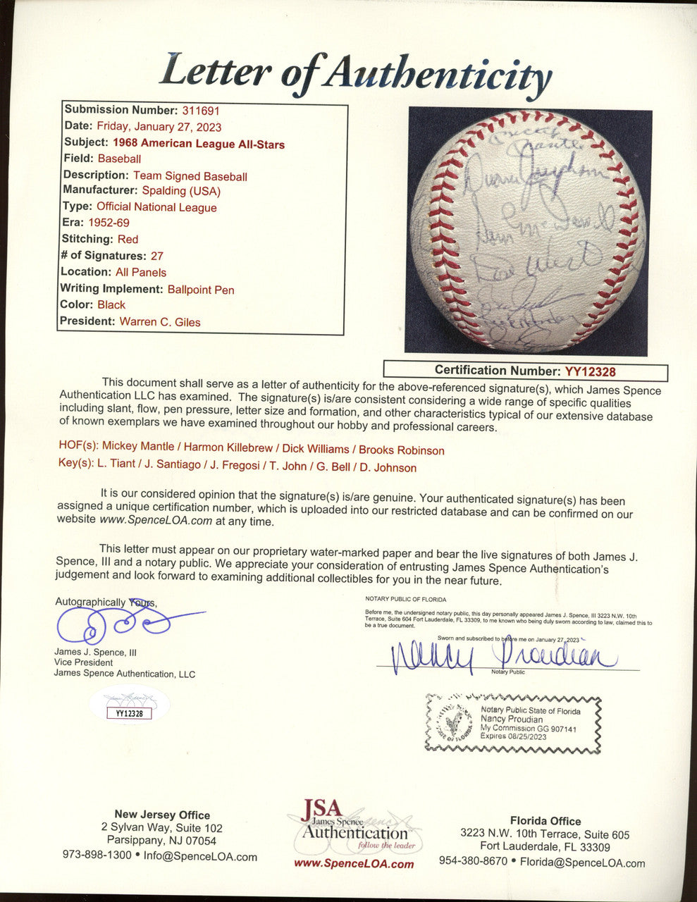 1968 American League All Star Team Signed OAL Baseball Mickey Mantle JSA