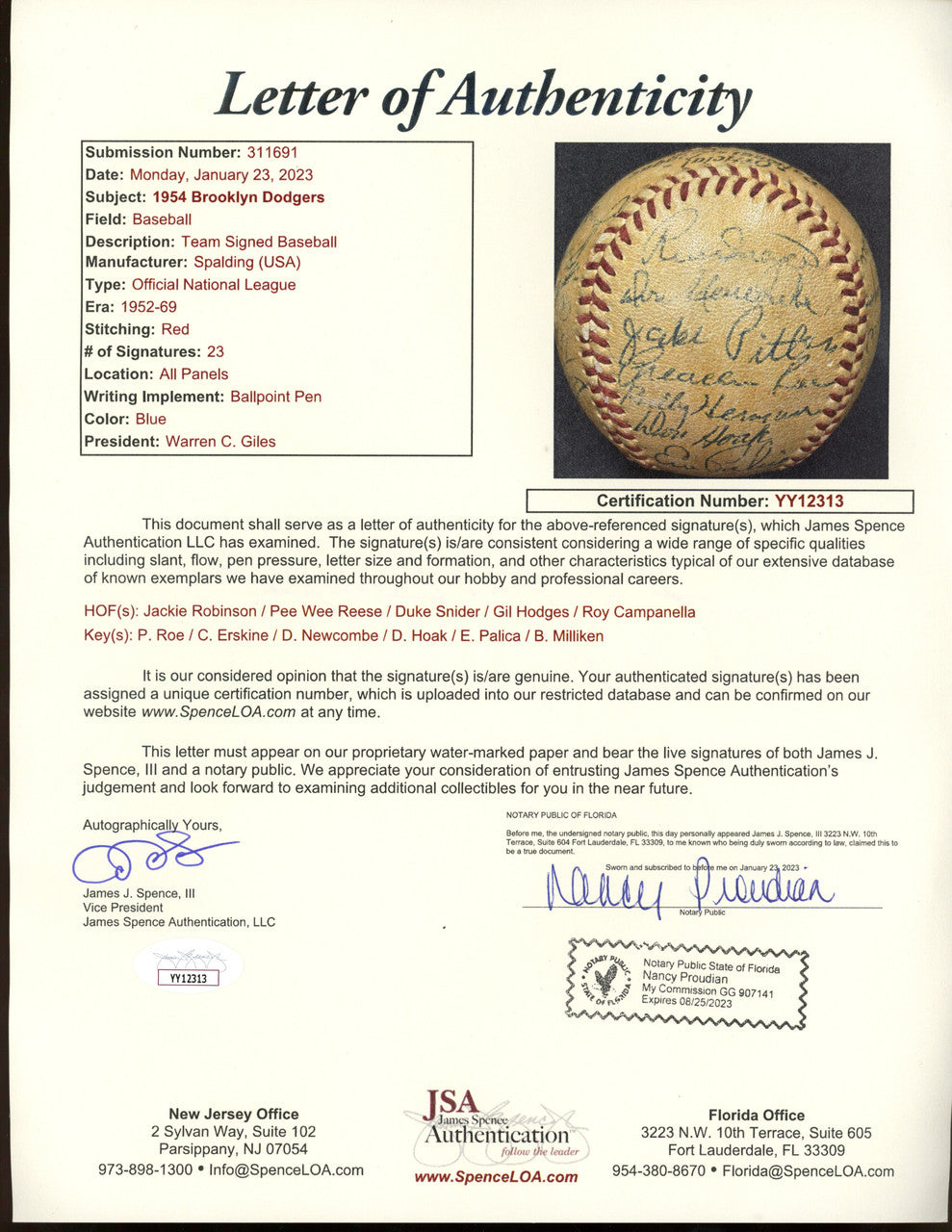 1954 Brooklyn Dodgers Team Signed ONL Baseball Jackie Robinson Duke Snider JSA