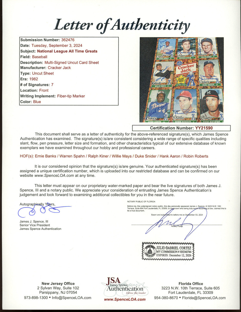 Mantle Mays Aaron Banks +++ Signed Autographed Cracker Jack Sheet Set of 2 JSA
