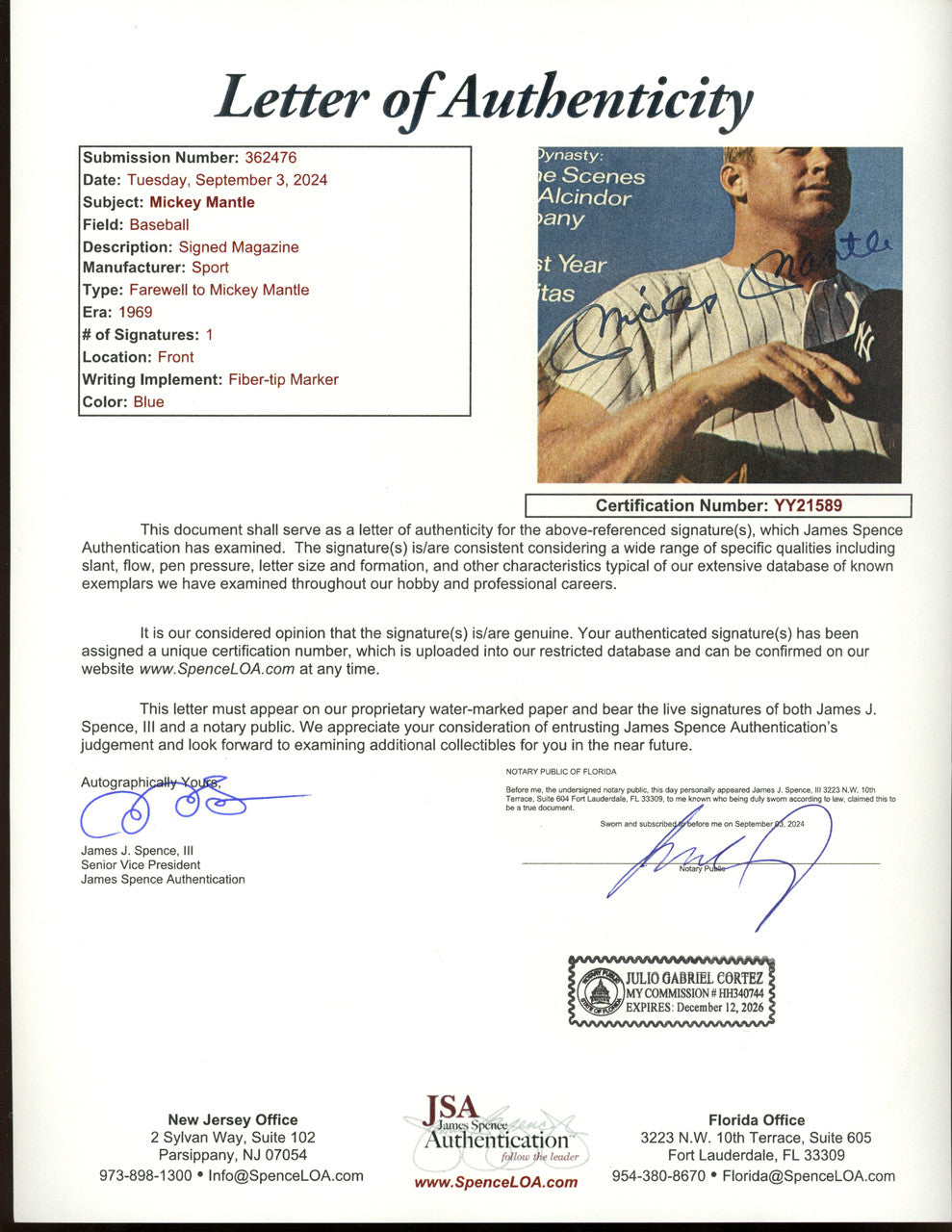 Mickey Mantle Signed Autographed April 1969 Sport Magazine JSA