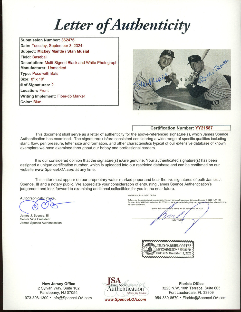 Mickey Mantle Stan Musial Signed Autographed 8x10 Photo JSA