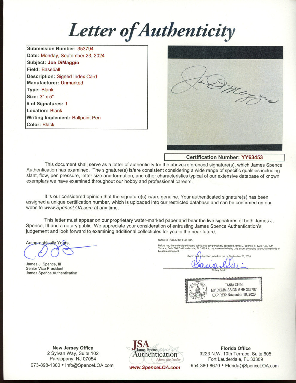 Joe DiMaggio Signed Autographed Index Card JSA YY63453