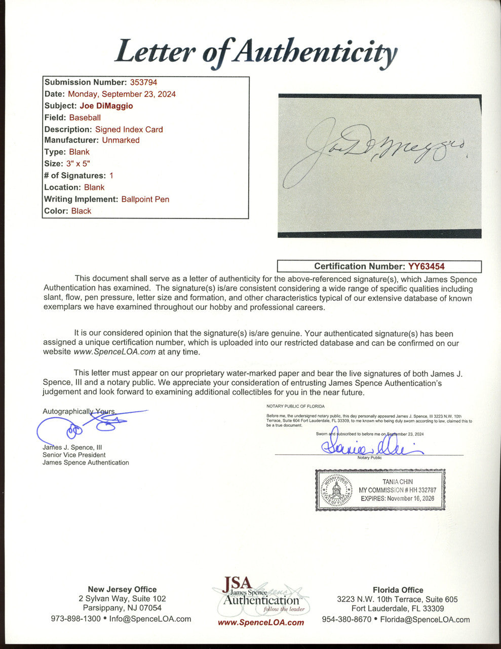 Joe DiMaggio Signed Autographed Index Card JSA YY63454