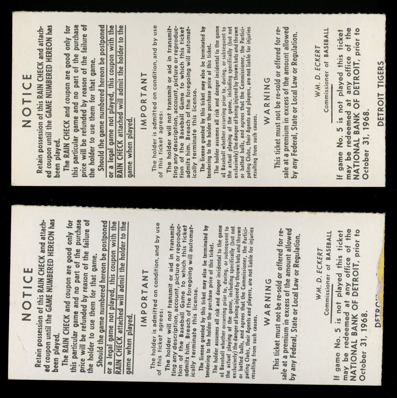 1968 Detroit Tigers World Series Game 5 Ticket Stub Lot of 2 Consecutive Seats