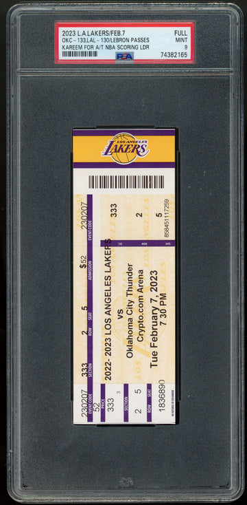 2/7/23 Lakers Full Ticket LeBron James Passes Kareem for Scoring Leader PSA 9
