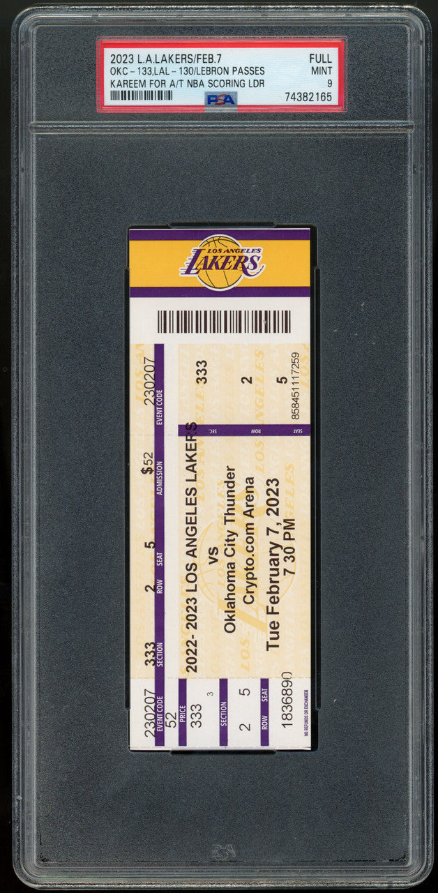 2/7/23 Lakers Full Ticket LeBron James Passes Kareem for Scoring Leader PSA 9