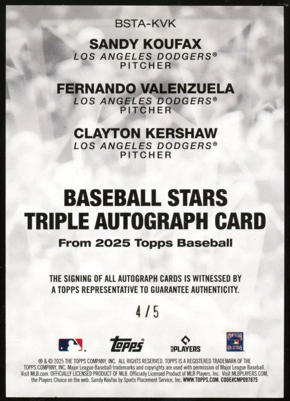 2025 Topps Sandy Koufax Fernando Valenzuela Clayton Kershaw Stars Triple Auto /5