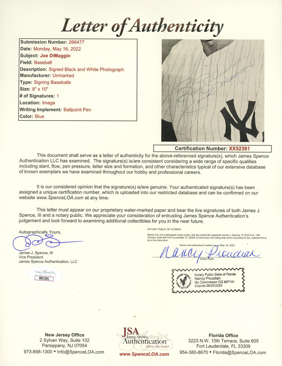 Joe DiMaggio Signed Autographed 8x10 Photo JSA LOA