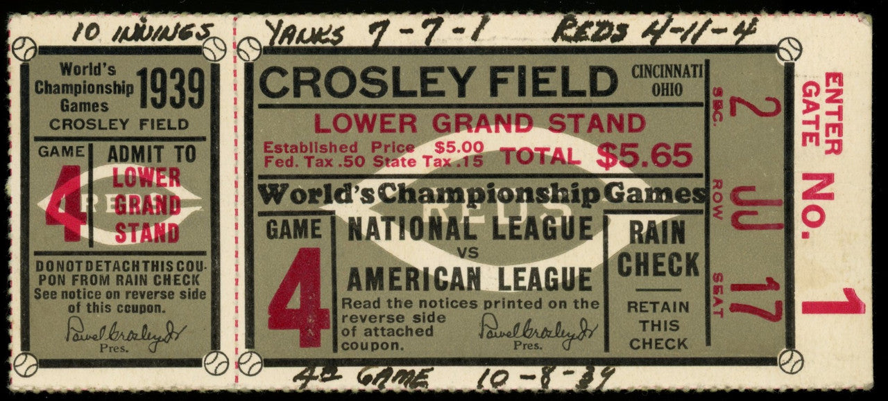 1939 World Series Game 4 Ticket Yankees Reds (Gehrig/DiMaggio)