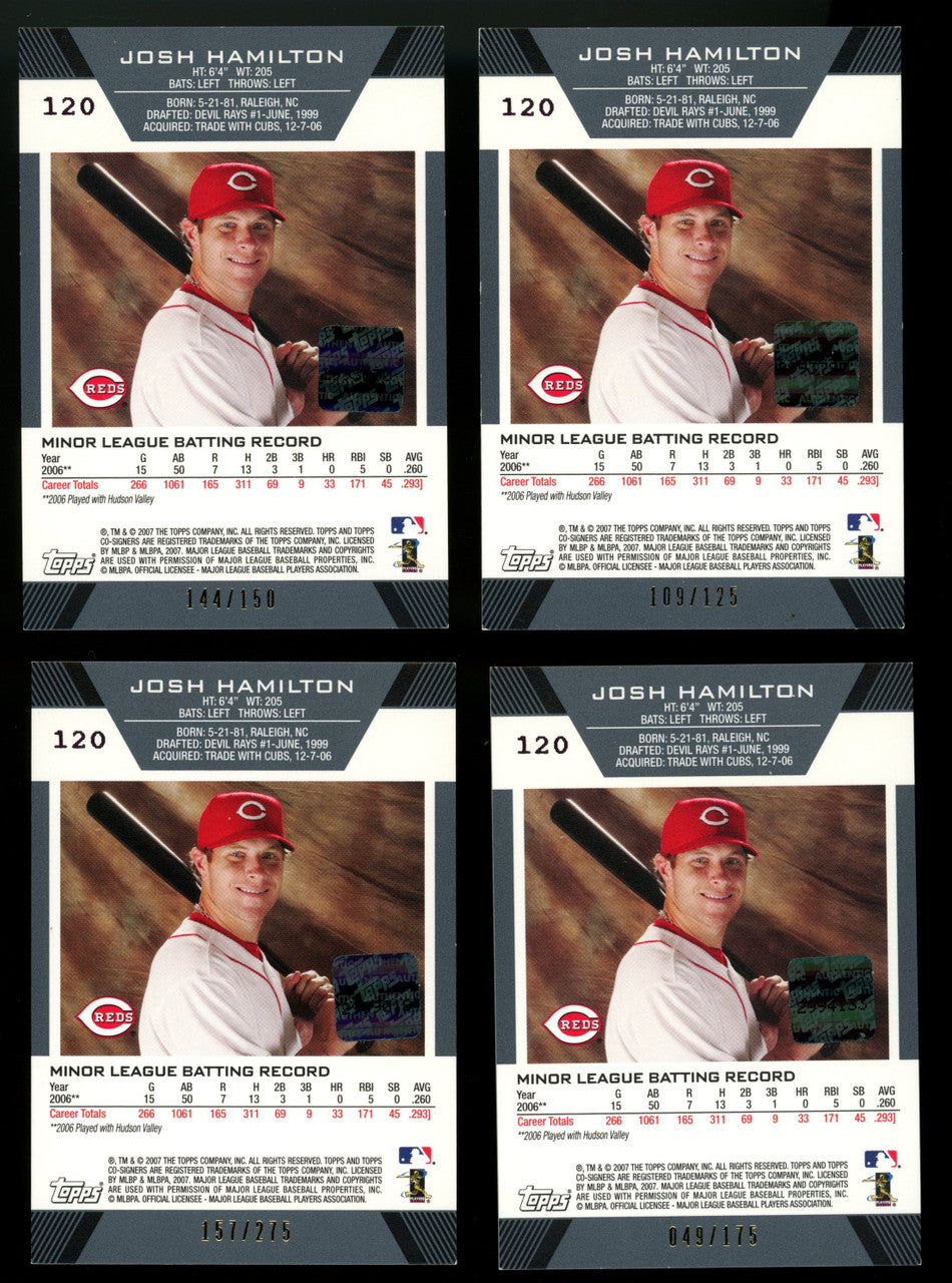 2007 Topps Co-Signers Josh Hamilton RC Auto Rainbow Lot of 4 #120 "B"