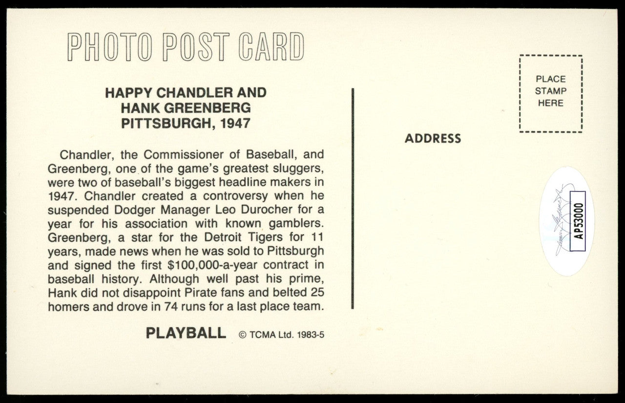 Hank Greenberg Signed Autographed TCMA Postcard (3x5) JSA
