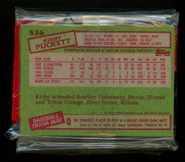 1985 Topps Baseball Rack Pack w/ Kirby Puckett RC on Back