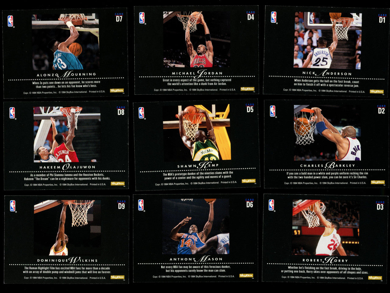 1993-94 Skybox Premium Dynamic Dunks Complete Set (9) w/ Michael Jordan