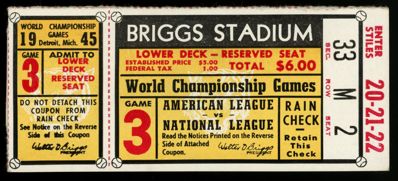 1945 World Series Ticket Game 3 Seat 2 (Tigers/Cubs)