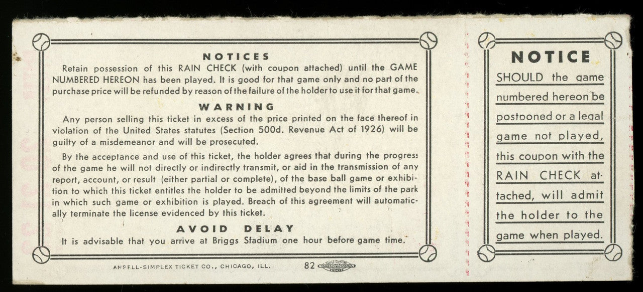 1945 World Series Ticket Game 3 Seat 2 (Tigers/Cubs)