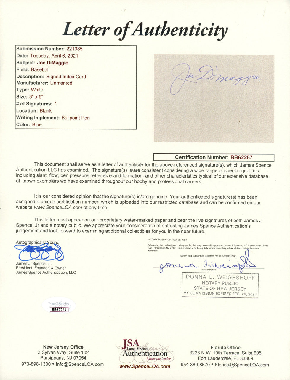Joe DiMaggio Signed Autographed Index Card JSA LOA