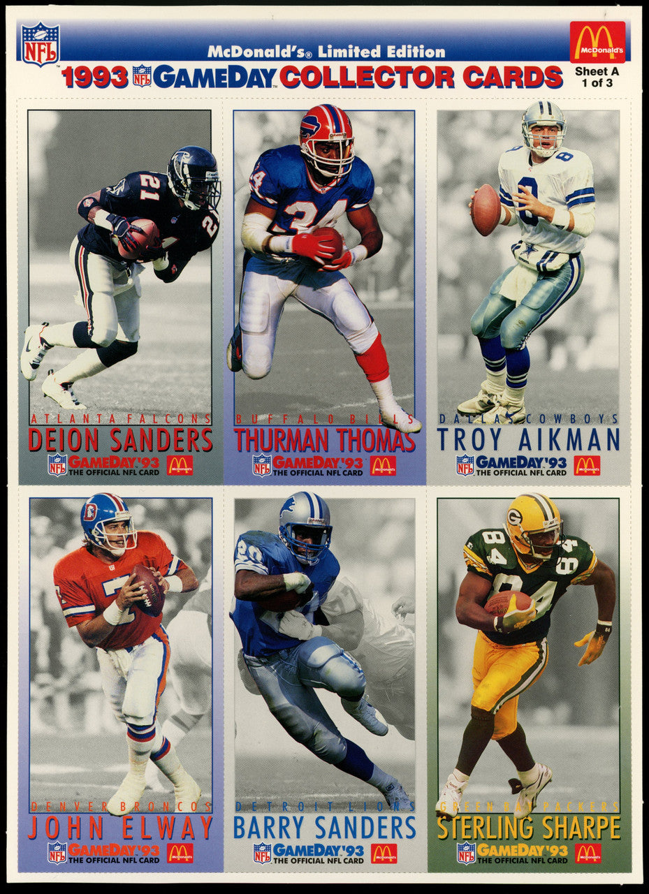 1993 McDonald's GameDay Collector Cards Complete Set of 3 Uncut Sheets