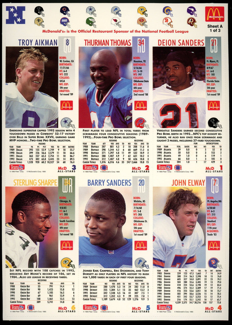 1993 McDonald's GameDay Collector Cards Complete Set of 3 Uncut Sheets