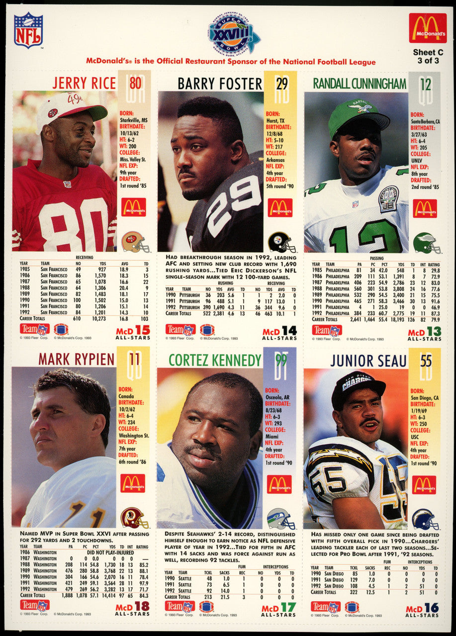 1993 McDonald's GameDay Collector Cards Complete Set of 3 Uncut Sheets