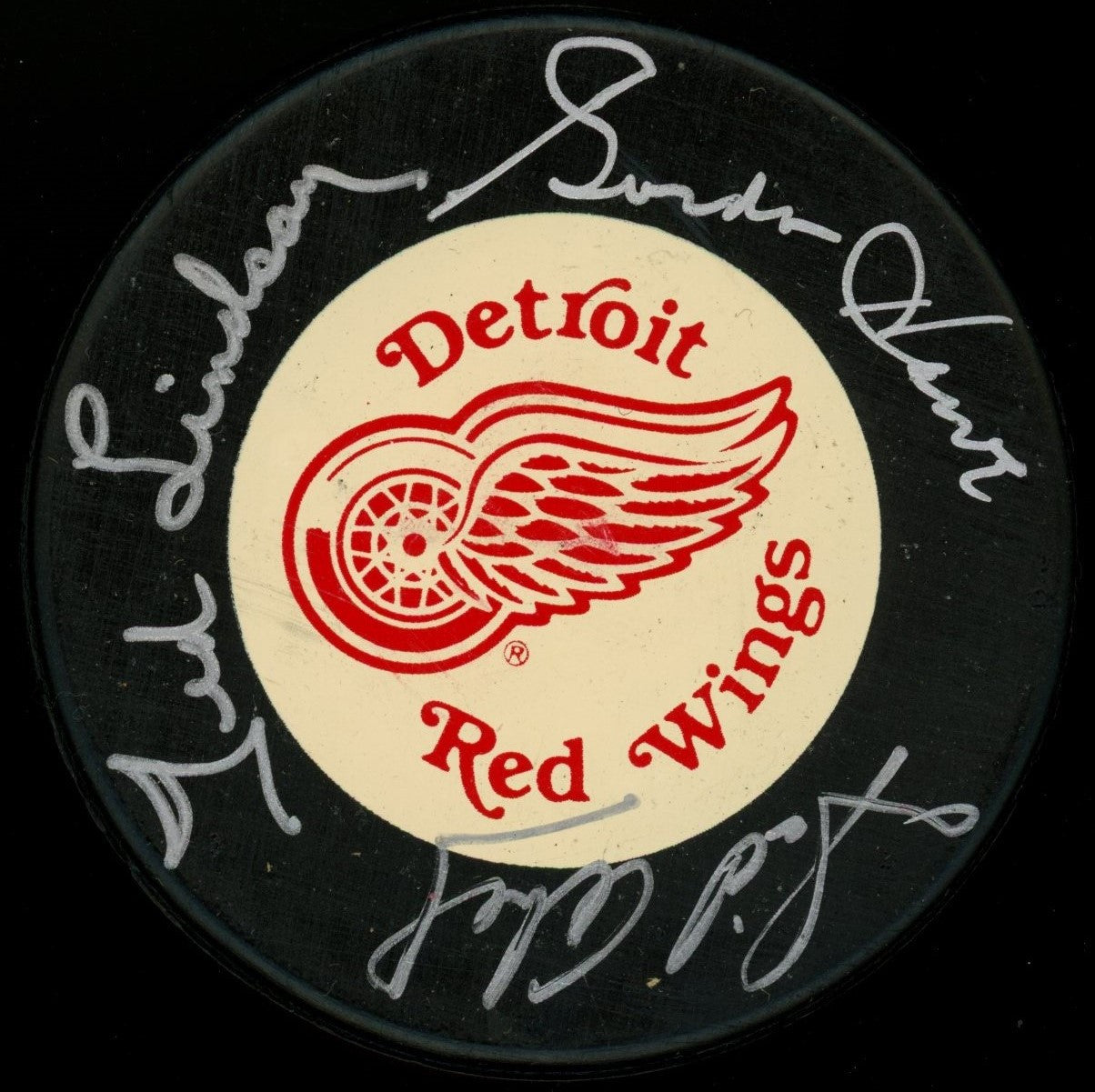 Gordie Howe Ted Lindsay Sid Abel Production Line Signed Autographed Puck JSA