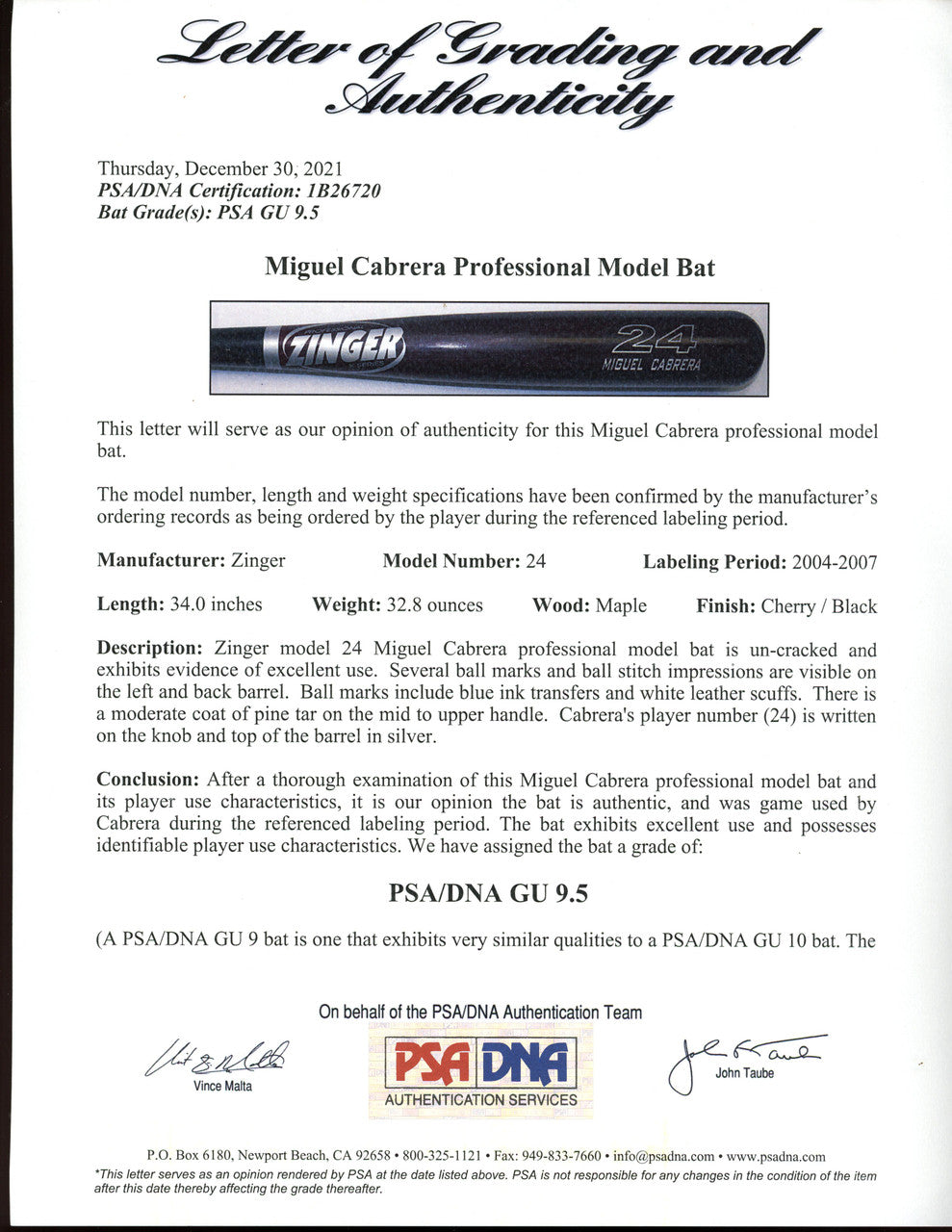 Miguel Cabrera Game Used Signed Autographed Inscribed Zinger Bat PSA GU 9.5