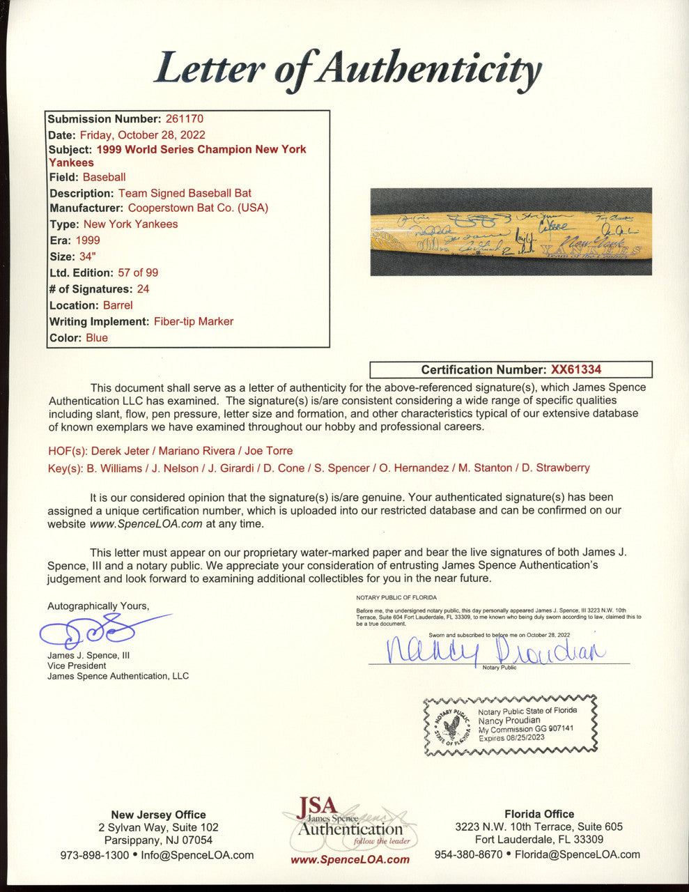 1999 New York Yankees Team of the Century Autographed Signed Bat /99 JSA