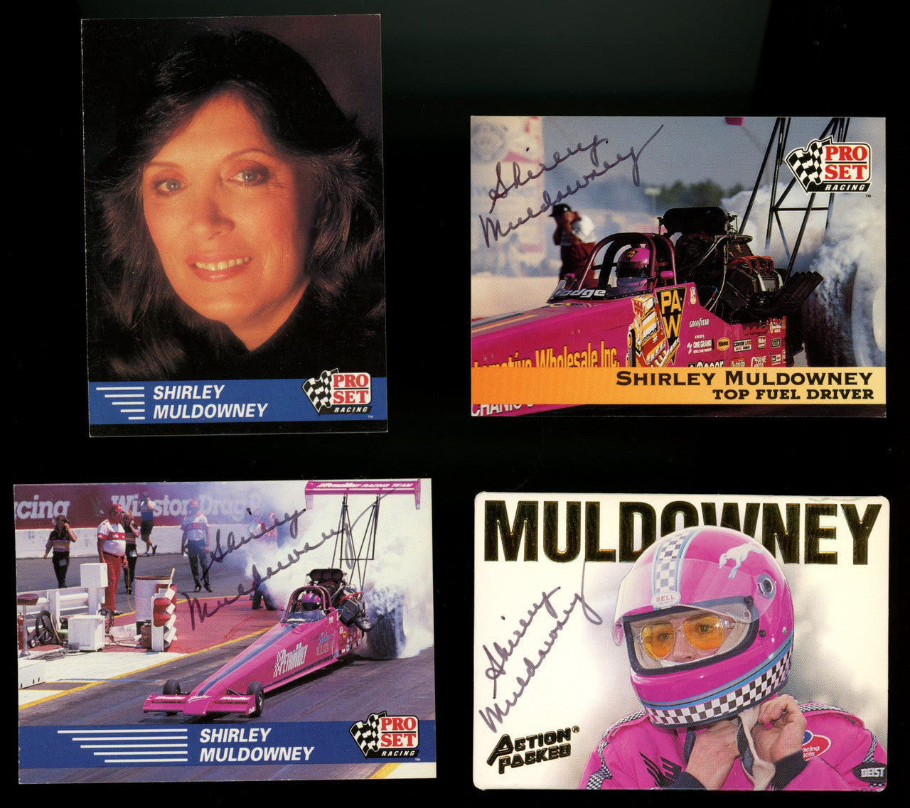 Shirley Muldowney Signed Autographed 4 Card Lot Pro Set Action Packed