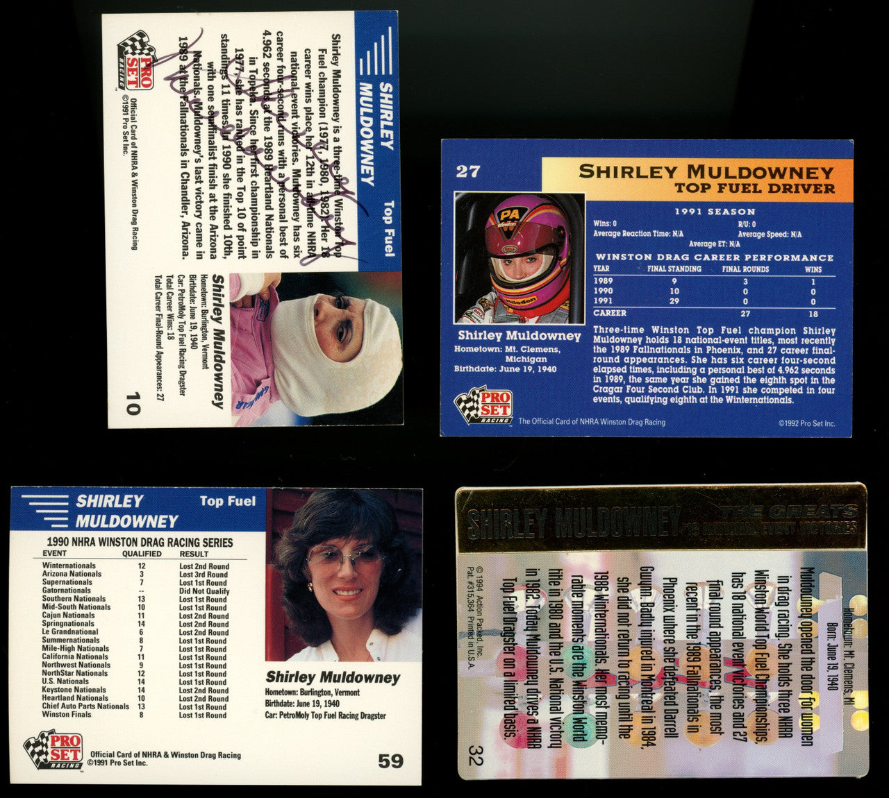 Shirley Muldowney Signed Autographed 4 Card Lot Pro Set Action Packed