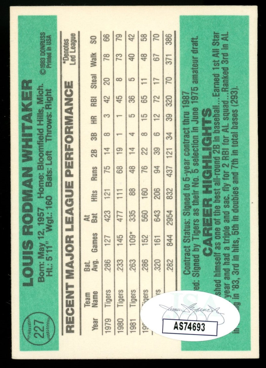 1984 Donruss Lou Whitaker #227 Signed Autographed JSA