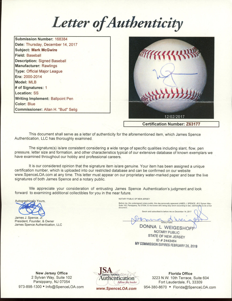 Mark McGwire Signed Autographed Baseball JSA Letter