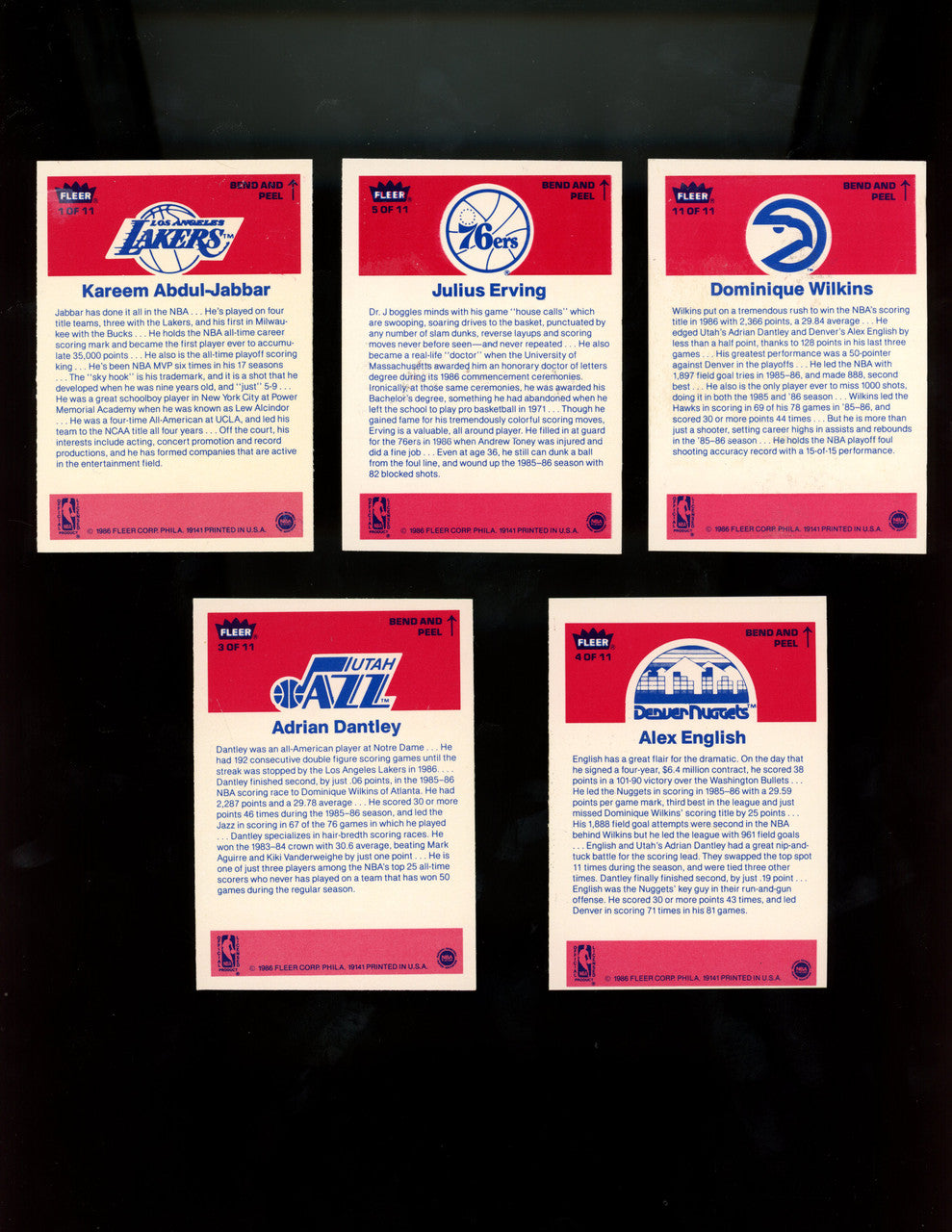 1986/87 Fleer Basketball Complete Sticker Set (11) NM/MT Jordan RC