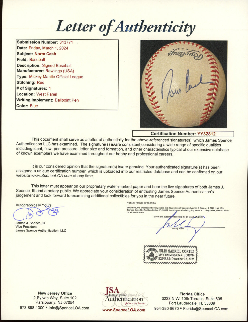Norm Cash Signed Autographed Rawlings Baseball JSA LOA
