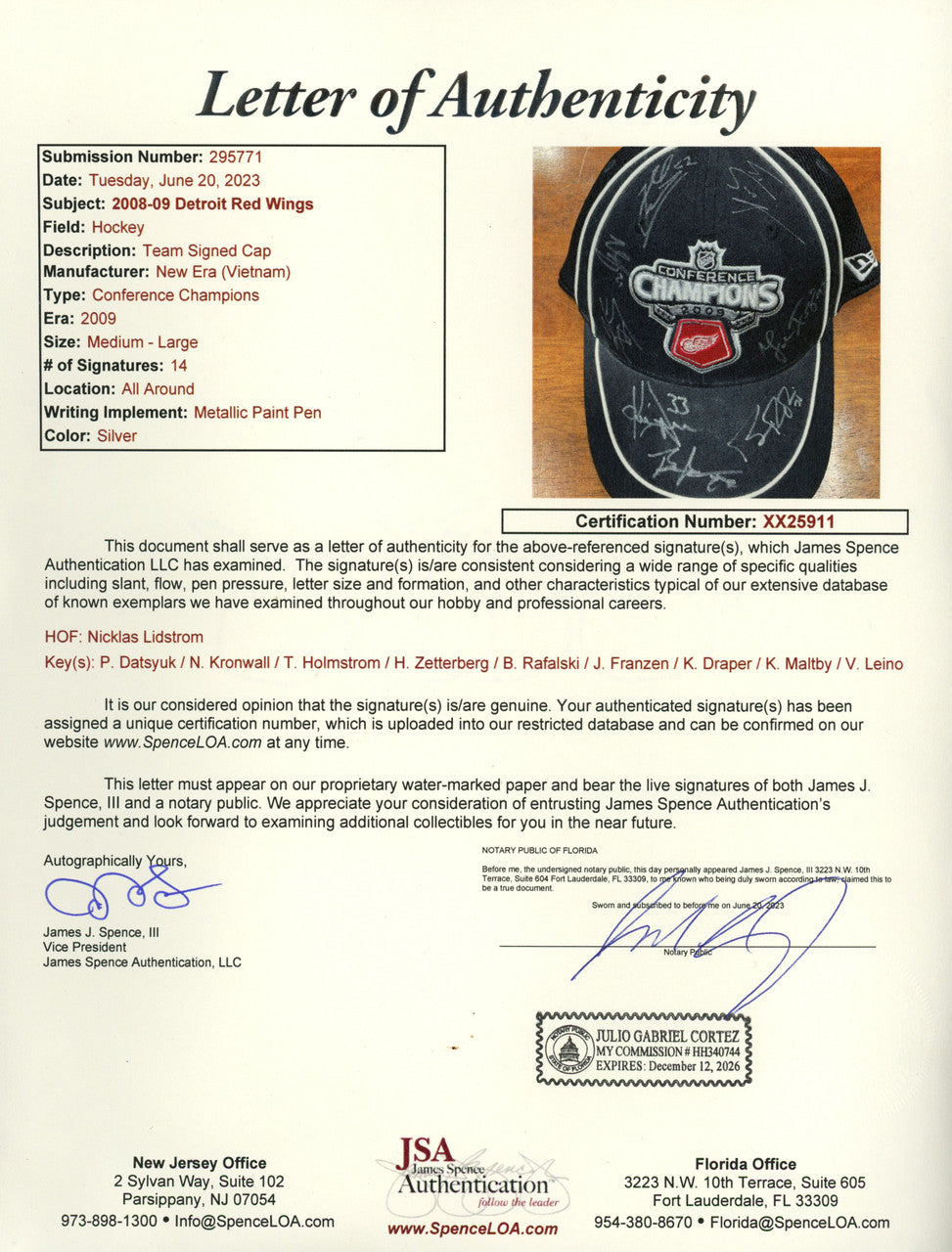 Lidstrom/Datsyuk/Holstrom ++ Signed Autographed Red Wings Hat 14 Signatures JSA