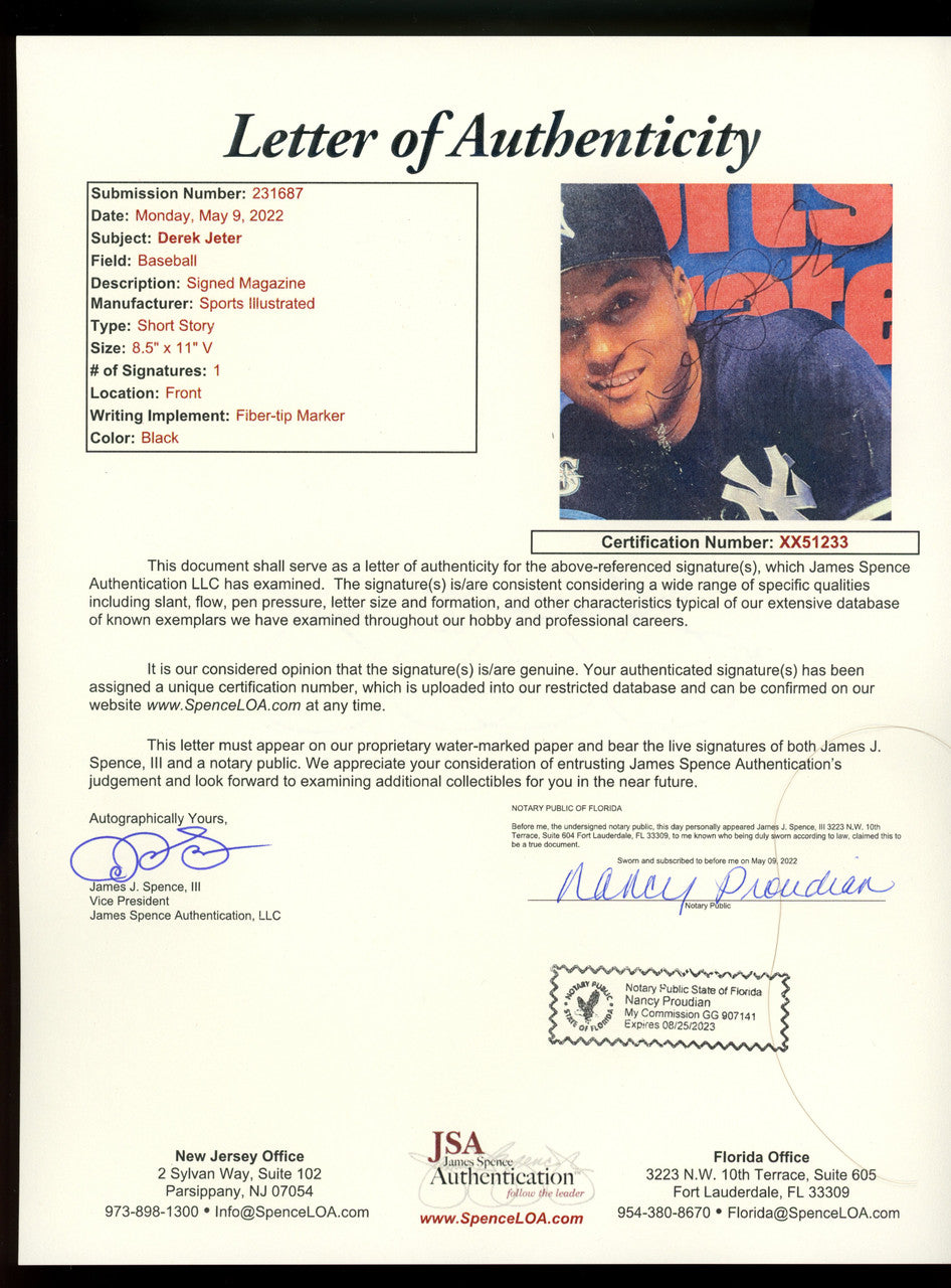 Derek Jeter Signed Autographed Sports Illustrated Cover Page Feb 1997 JSA LOA