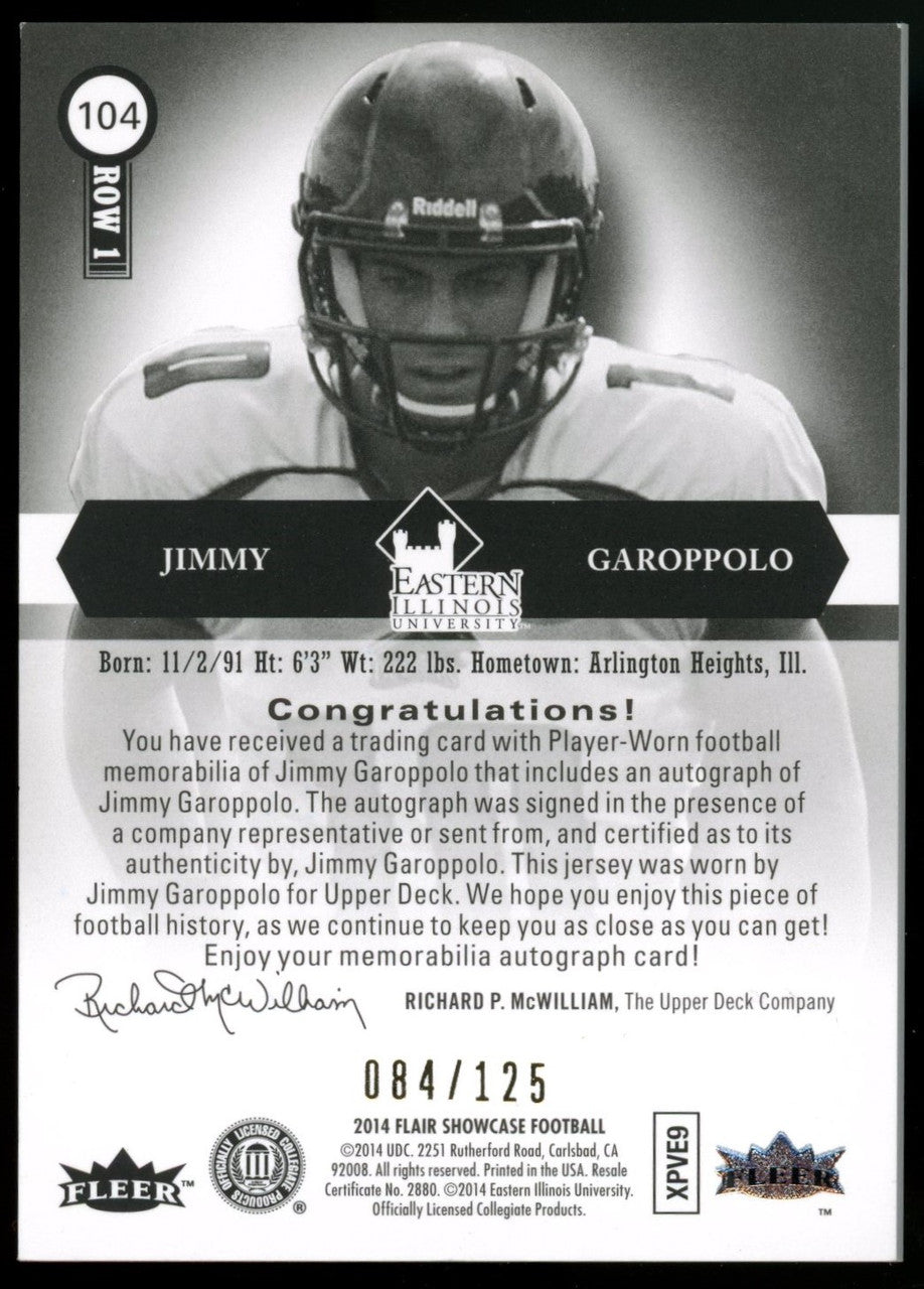 2014 Flair Showcase Jimmy Garoppolo RC Patch Auto Row 1 /125 #104