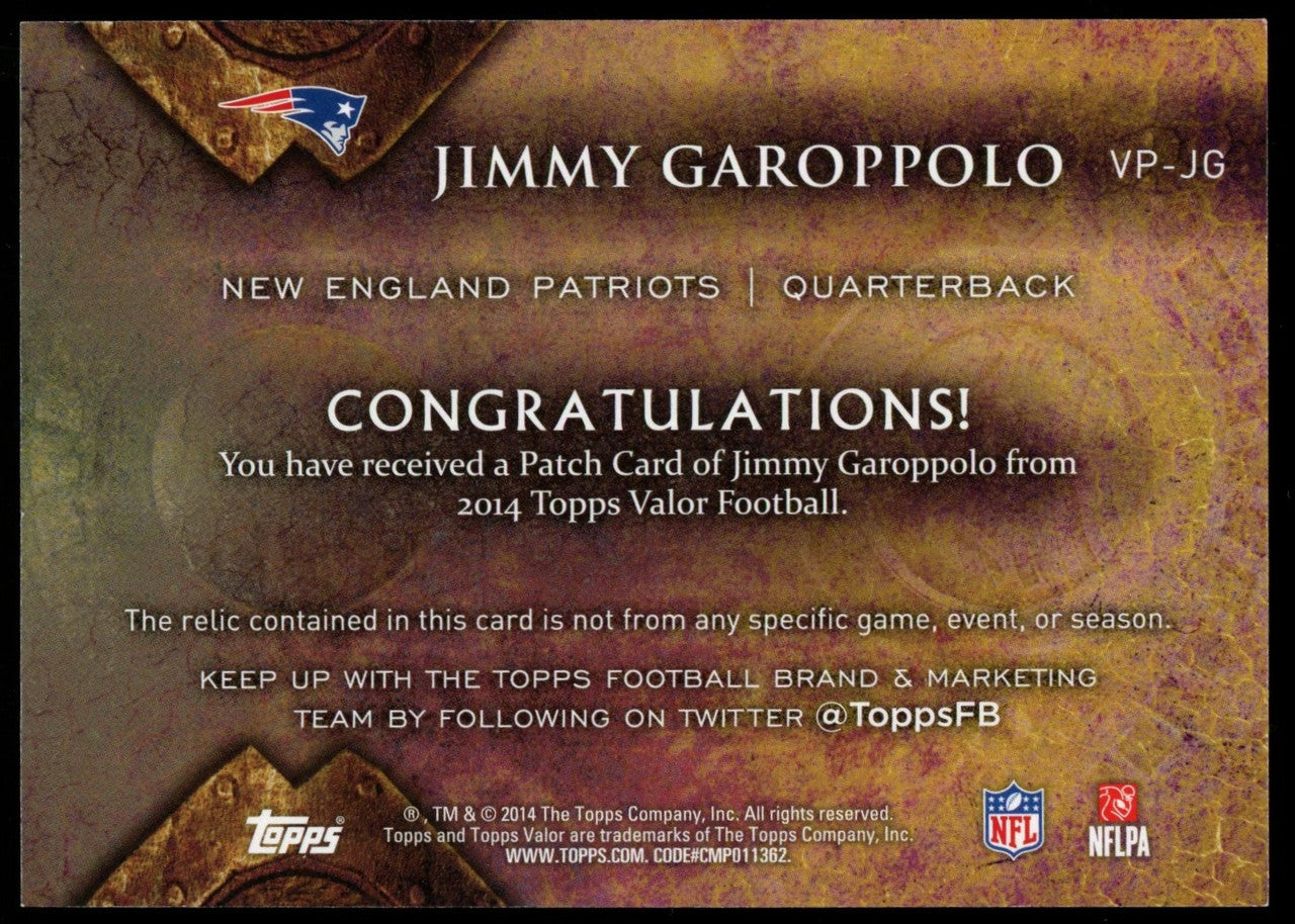 2014 Topps Valor Jimmy Garoppolo RC Jersey Patch RC #VP-JG