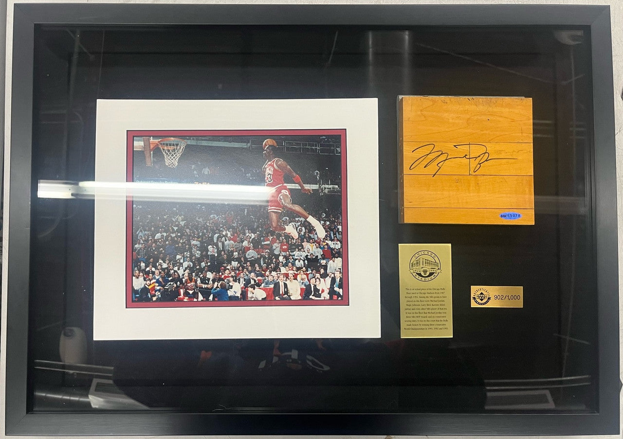 Michael Jordan Signed Autographed Floor Piece w/ Photo UDA Framed /1000